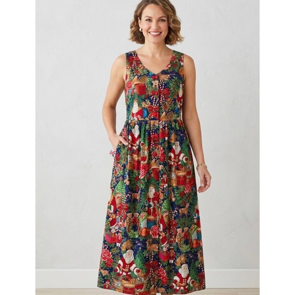 Vintage RJ Stevens Santa Christmas Jumper Bow Button Front Dress 16